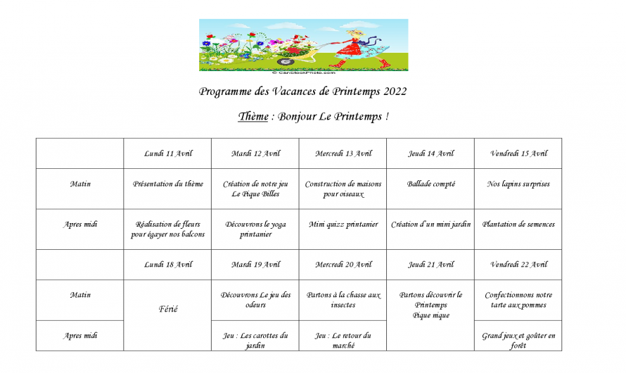 FISEFER: Programme des Vacances de Printemps 2022