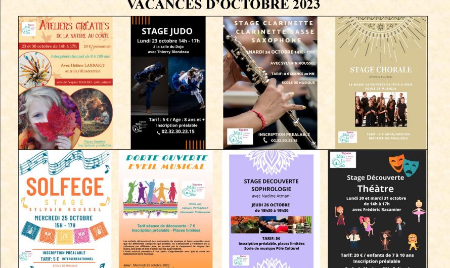 Programme des ateliers/stages vacances d’octobre 2023