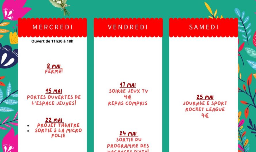 Programme espace jeune du 15 au 25 mai !