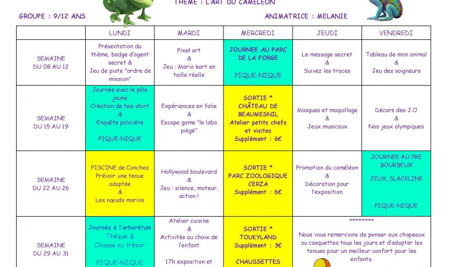 Programme de juillet/aout de ALSH du Chène au Loup de Conches