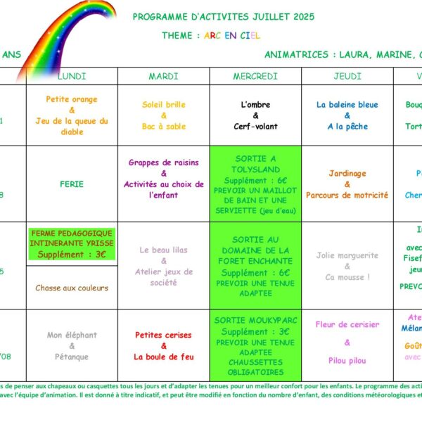 Programme du centre de loisirs de Conches Juillet / Aout 2025