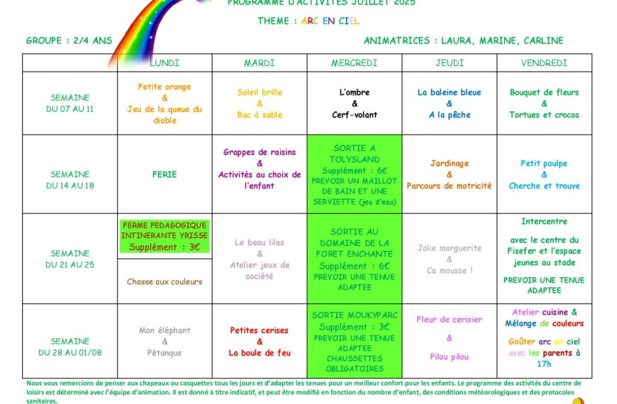 Programme du centre de loisirs de Conches Juillet / Aout 2025
