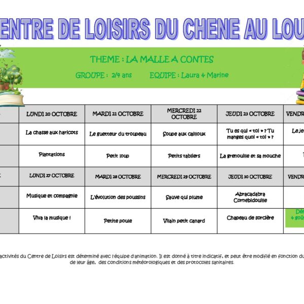Programme des vacances de la Toussaint du centre de loisirs de Conches