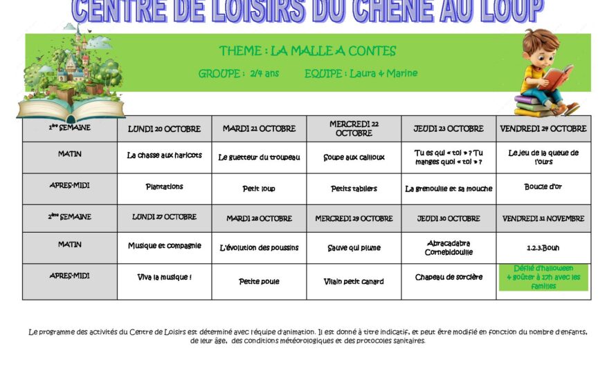 Programme des vacances de la Toussaint du centre de loisirs de Conches