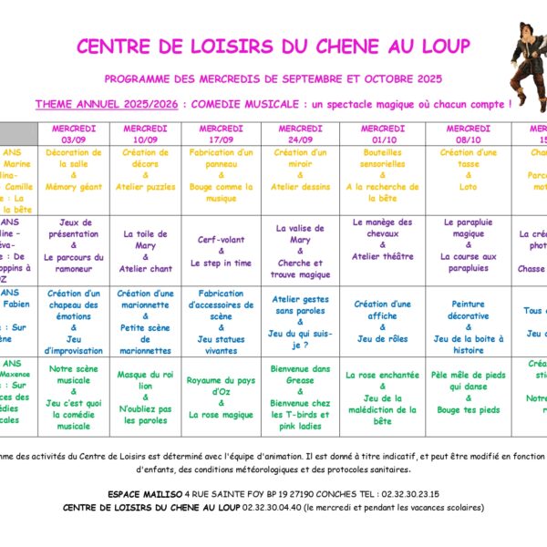Programme des mercredis du centre de loisirs de Conches