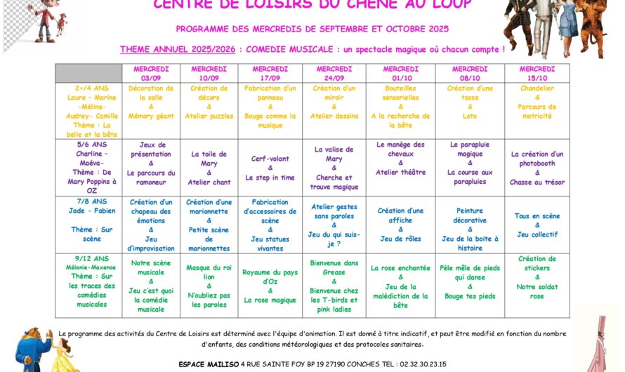 Programme des mercredis du centre de loisirs de Conches