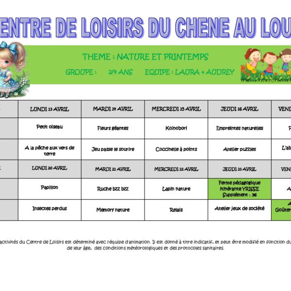 PROGRAMMES VACANCES DE PRINTEMPS