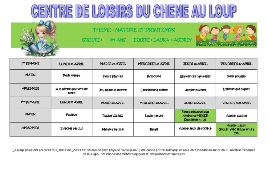PROGRAMMES VACANCES DE PRINTEMPS